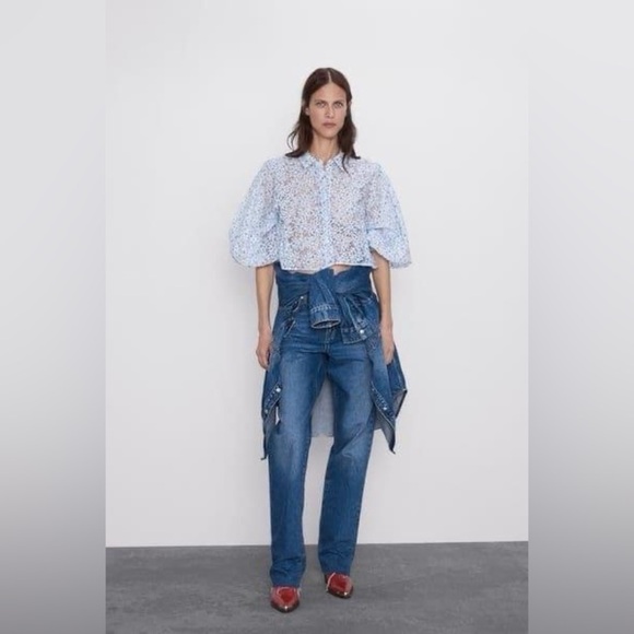 Zara Floral Blue Organza Puff Sleeve Sheer Cropped Blouse Size XS - Picture 8 of 16